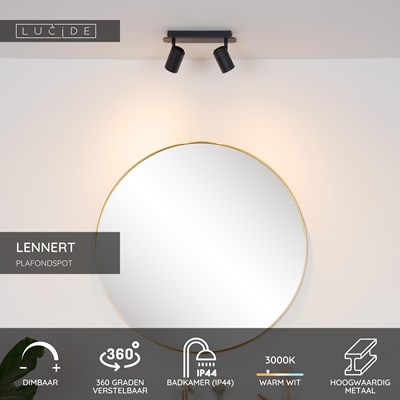Lucide LENNERT - Plafondspot Badkamer - LED Dimb. - GU10 - 2x5W 3000K - IP44 - Zwart